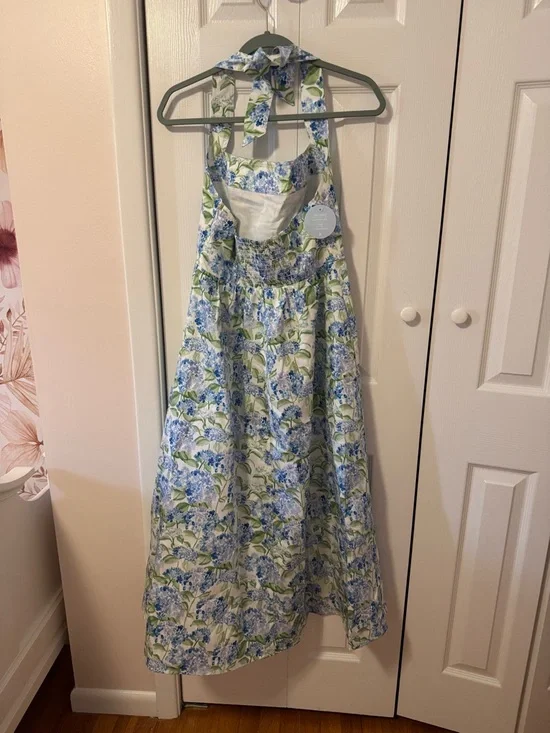 Hill House x La Coqueta Fleur Midi Dress Blue Hydrangea Halter Cotton L NWT - Picture 4 of 6